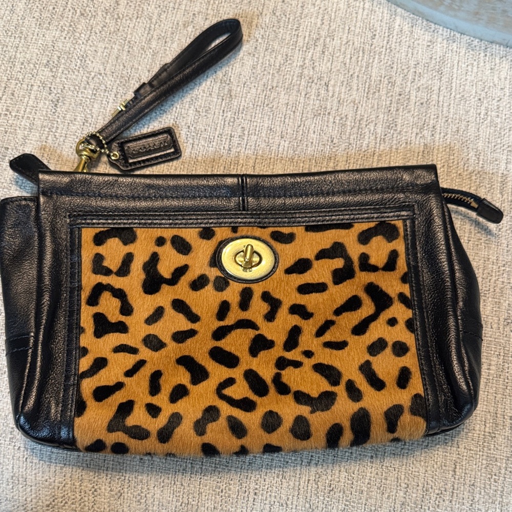 Vintage Coach Haircalf Leopard Print Black Leather Clutch